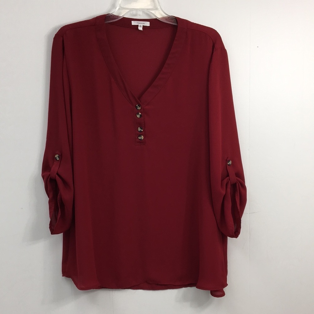 Maurices Women's Deep Red V-Neck Quarter Button Blouse Size XXL EXCELLENT